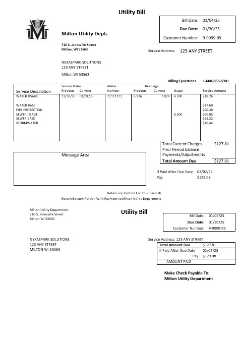 USA Massachusetts Milton Utility Dept water business utility bill template in Word and PDF formats
